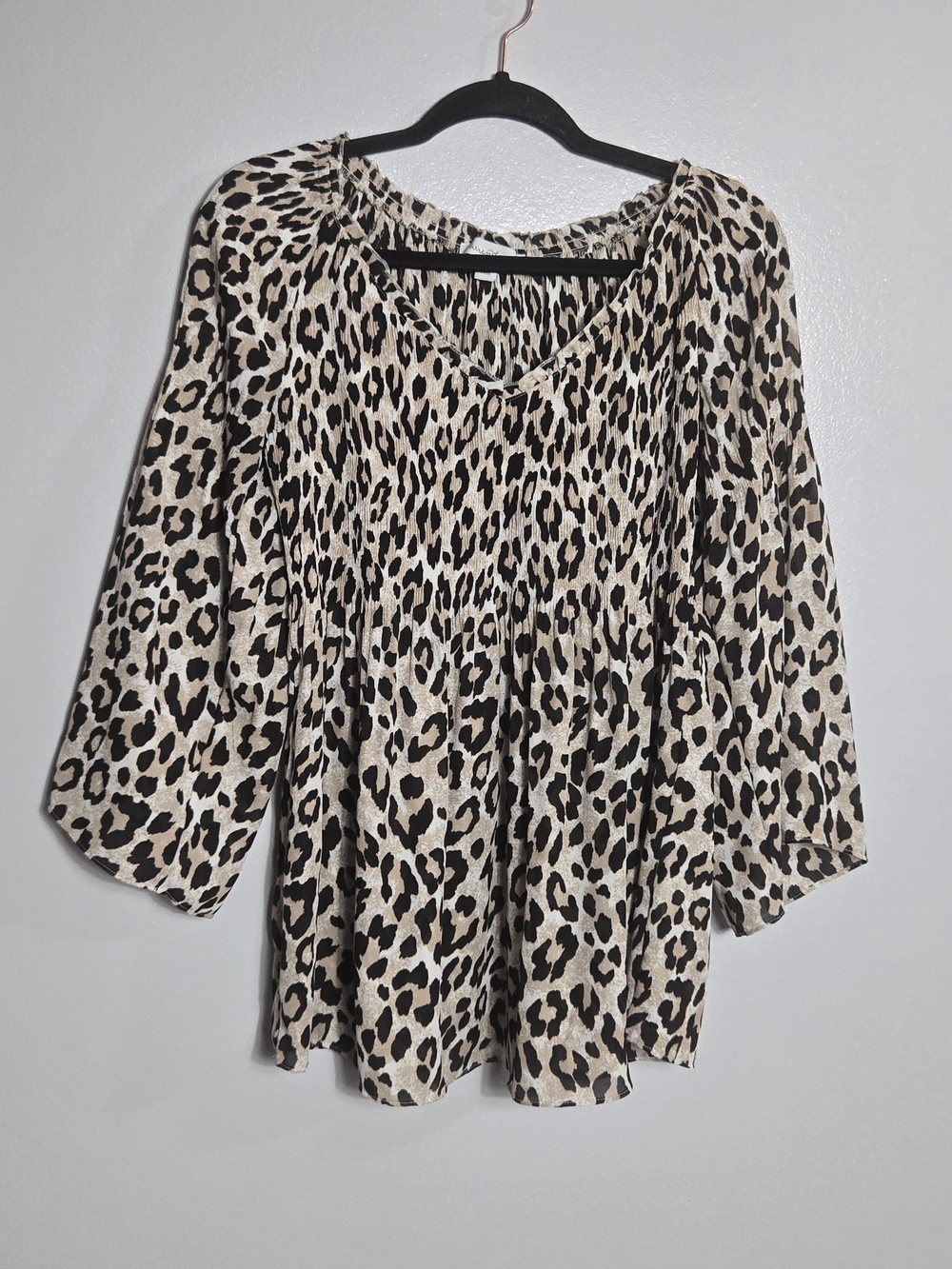 Keren Hart Leopard Animal Print Smocked Elastic Neck 3/4 Sleeve Blouse Size M
